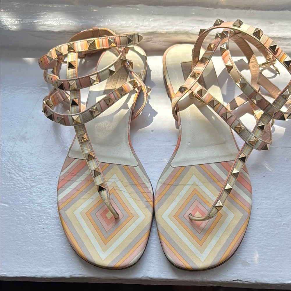 Valentino Studded Gladiator Sandals - Gold and Pink (Size: 40.5)